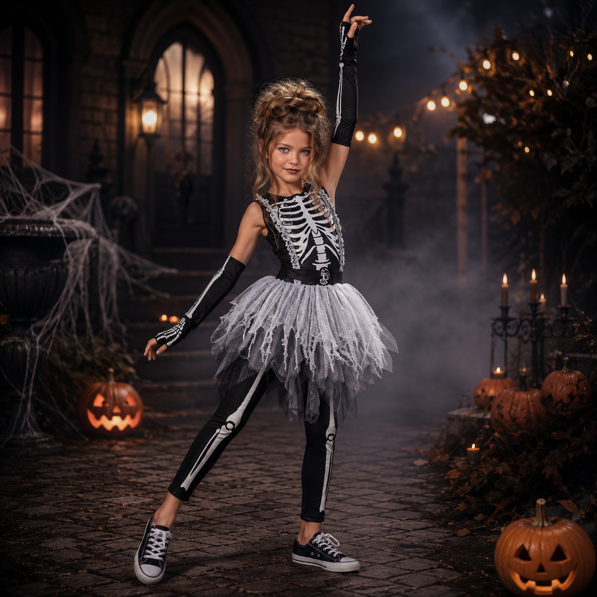 Girls Skeleton Tutu Dress Costume Bone Print Halloween Grim Reaper