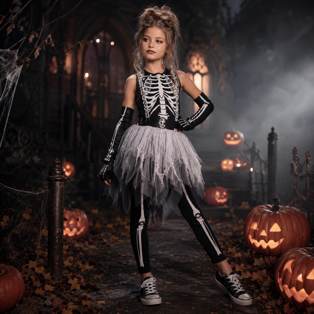 Girls Skeleton Tutu Dress Costume Bone Print Halloween Grim Reaper
