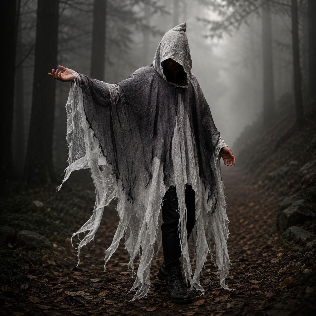 Adult Tattered Hooded Cloak Gauze Grim Reaper Costume Halloween Cape