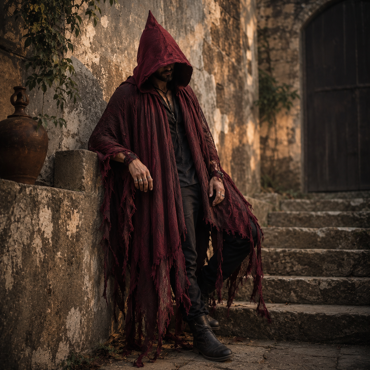 Adult Tattered Hooded Cloak Gauze Grim Reaper Costume Halloween Cape