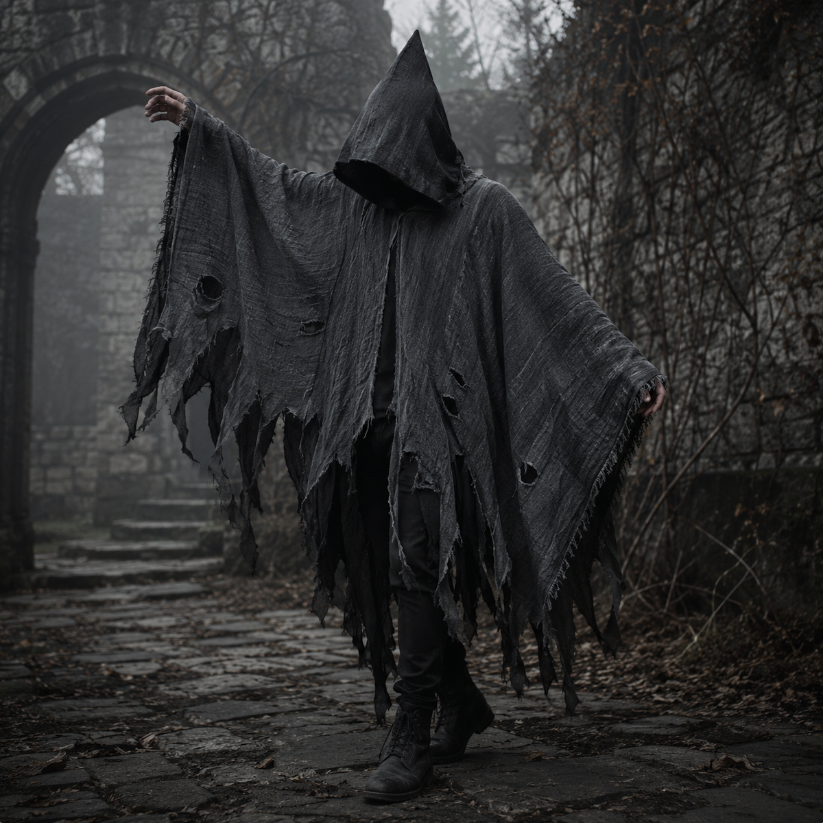 Adult Tattered Hooded Cloak Gauze Grim Reaper Costume Halloween Cape