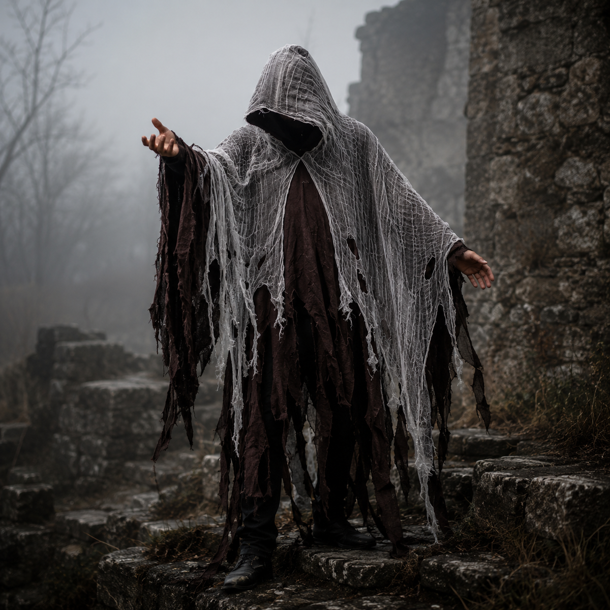 Adult Tattered Hooded Cloak Gauze Grim Reaper Costume Halloween Cape