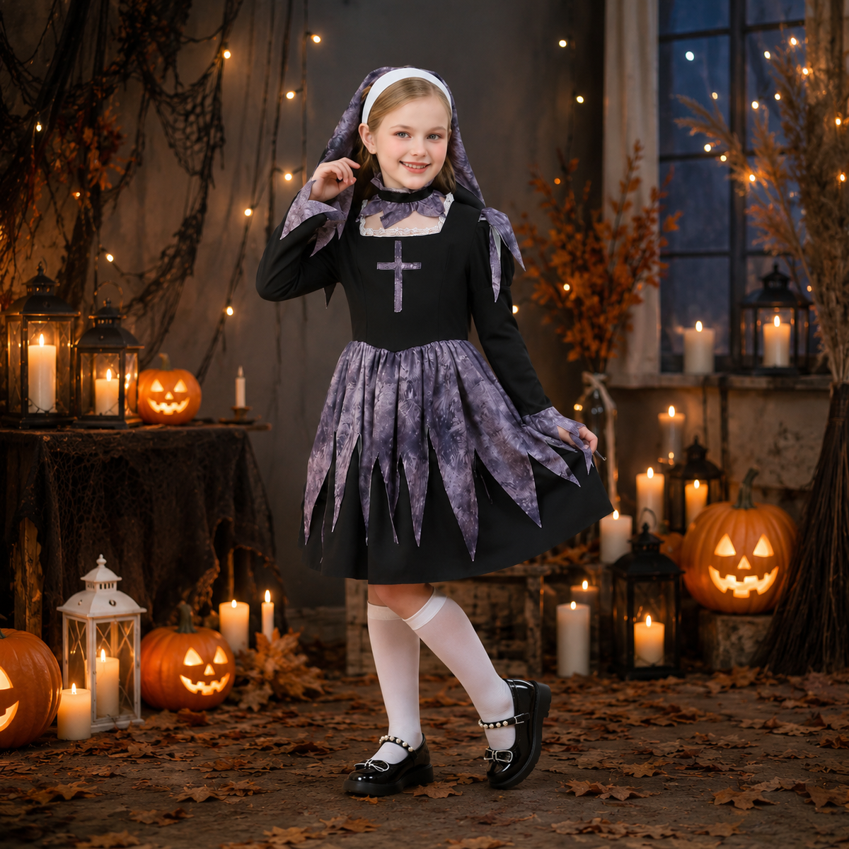Kids Gothic Nun Costume Black Purple Dress with Headscarf Halloween