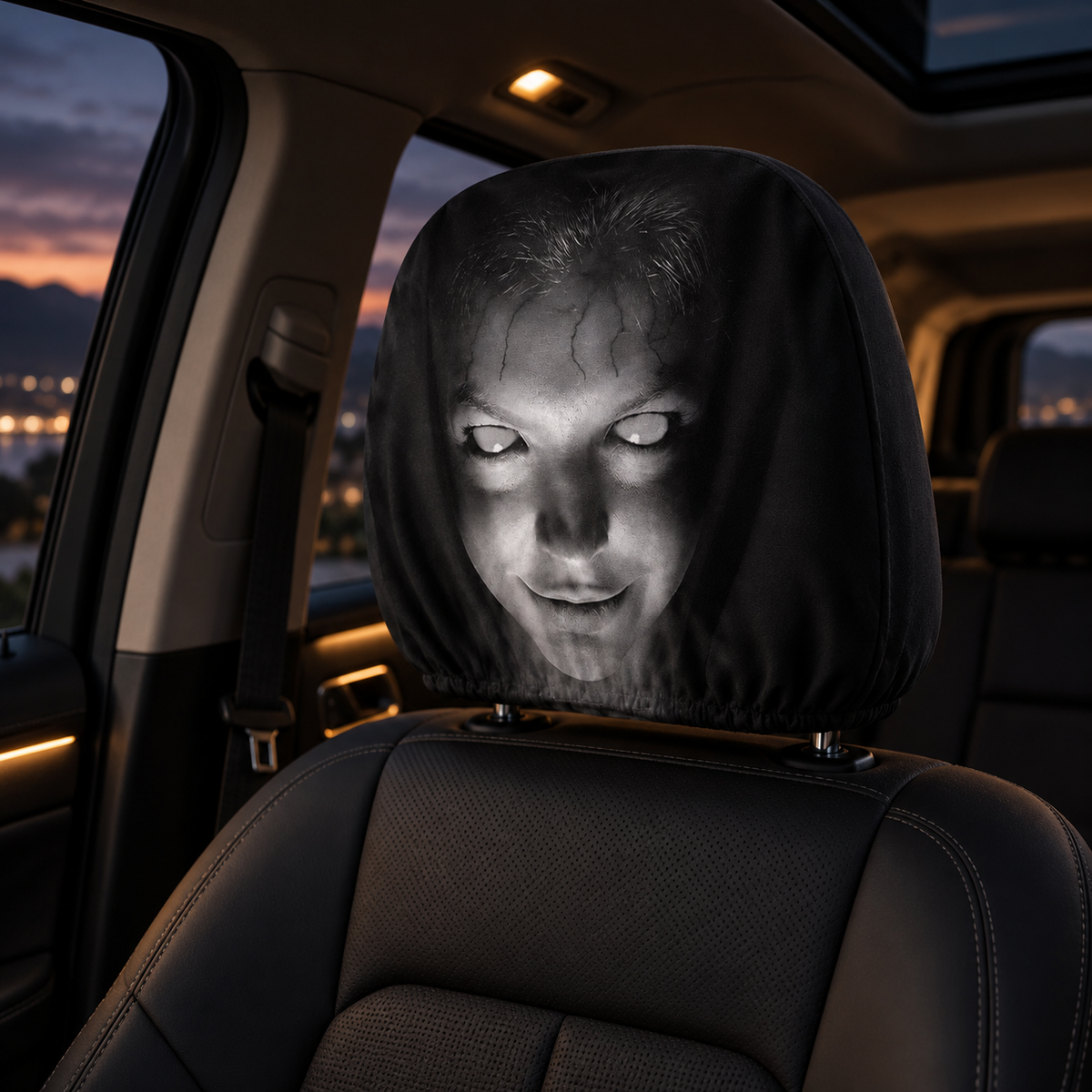 Creepy Face Car Headrest Cover Scary Ghost Woman Halloween Prank Decor