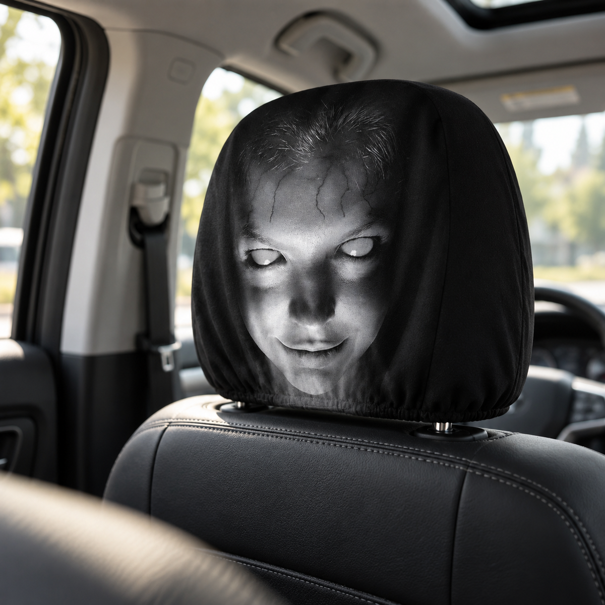 Creepy Face Car Headrest Cover Scary Ghost Woman Halloween Prank Decor