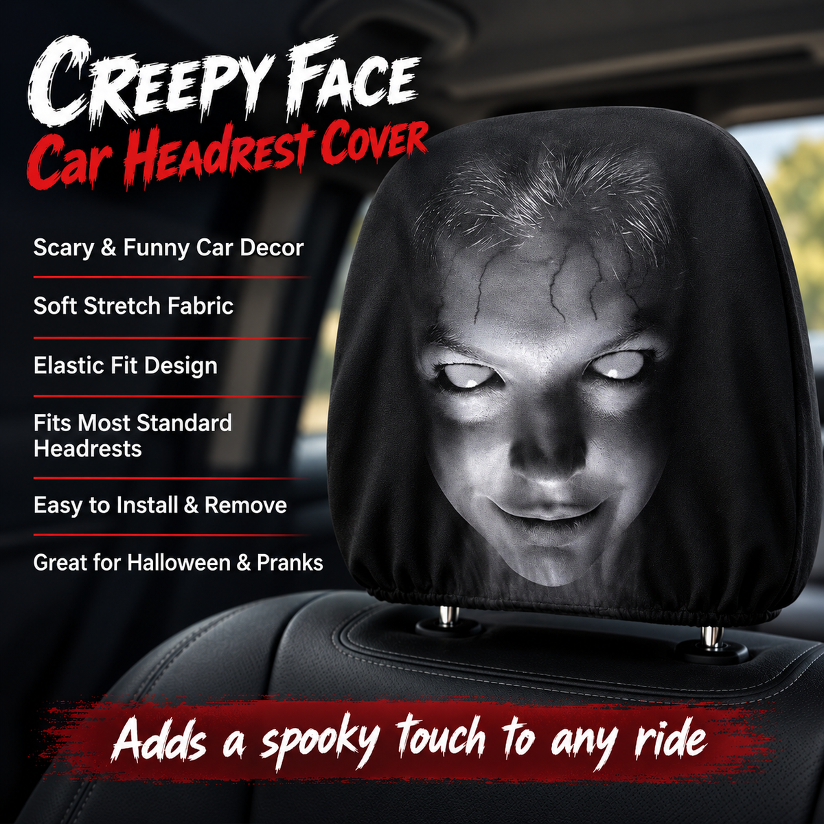 Creepy Face Car Headrest Cover Scary Ghost Woman Halloween Prank Decor
