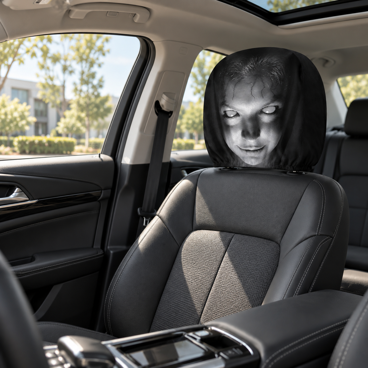 Creepy Face Car Headrest Cover Scary Ghost Woman Halloween Prank Decor