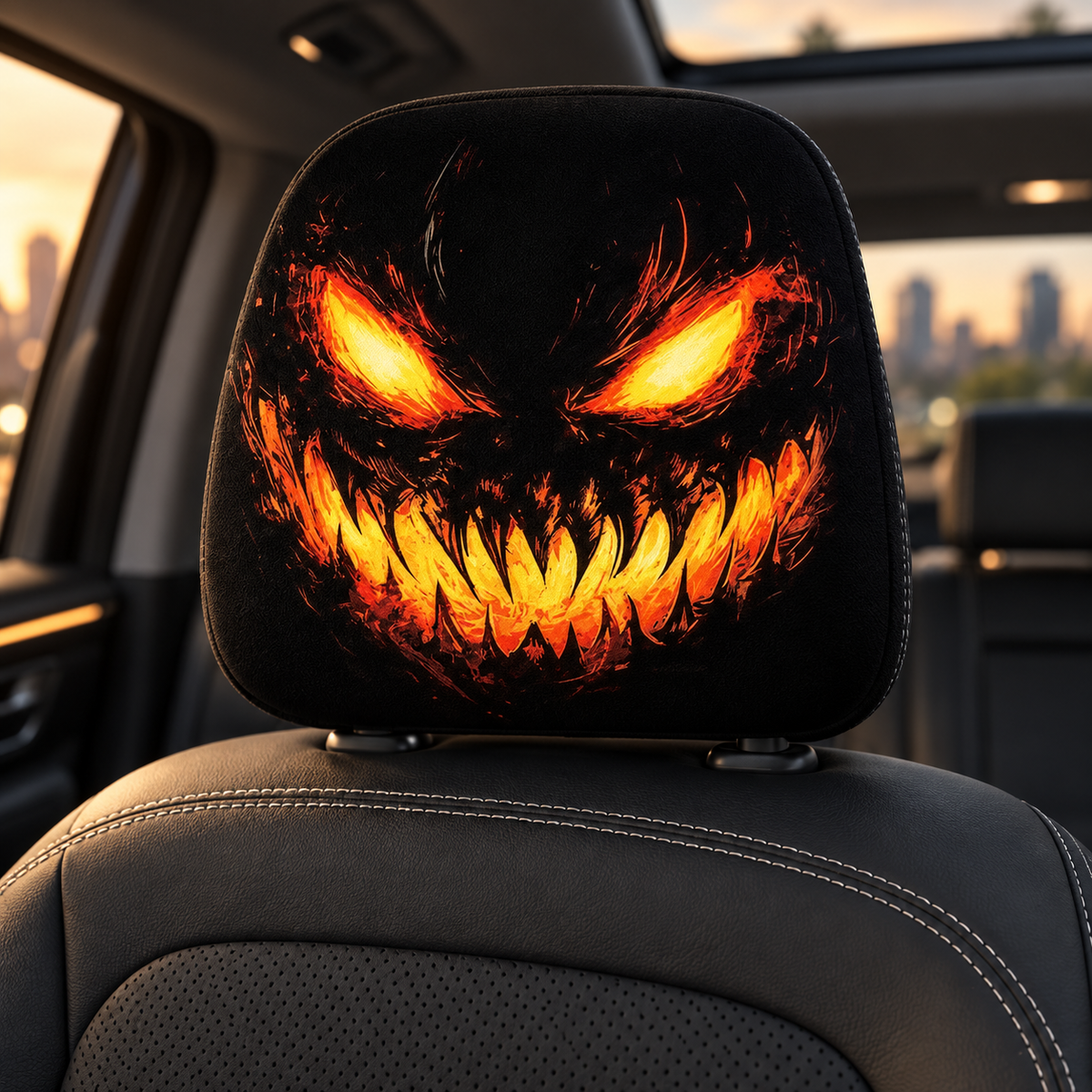 Halloween Car Headrest Covers Glowing Monster Pumpkin Face Set of 2