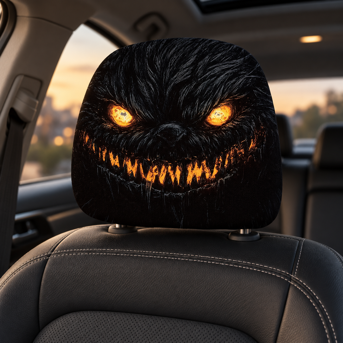 Halloween Car Headrest Covers Glowing Monster Pumpkin Face Set of 2