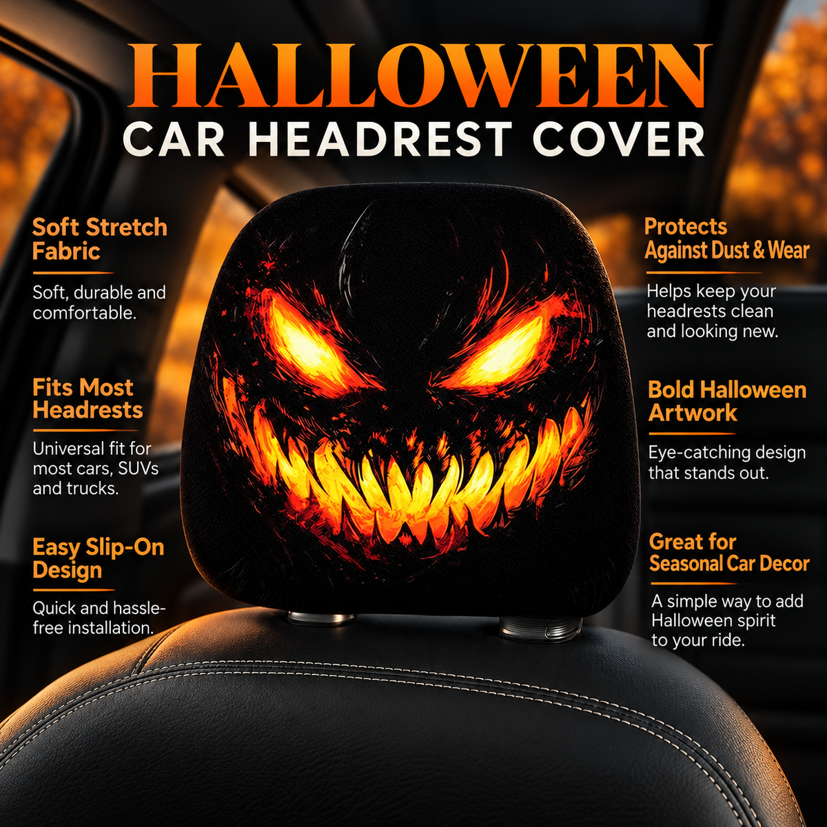 Halloween Car Headrest Covers Glowing Monster Pumpkin Face Set of 2