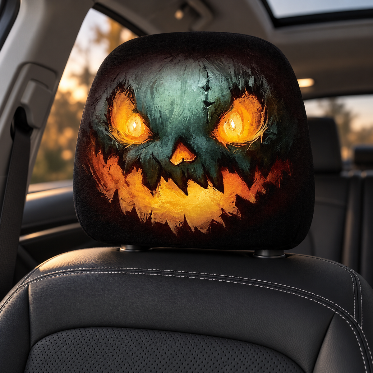 Halloween Car Headrest Covers Glowing Monster Pumpkin Face Set of 2
