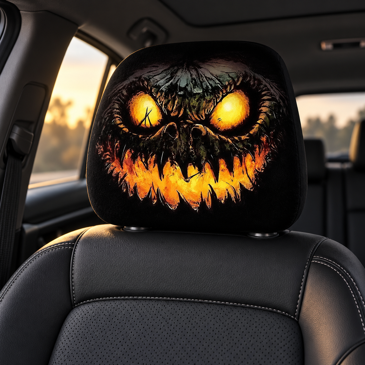 Halloween Car Headrest Covers Glowing Monster Pumpkin Face Set of 2