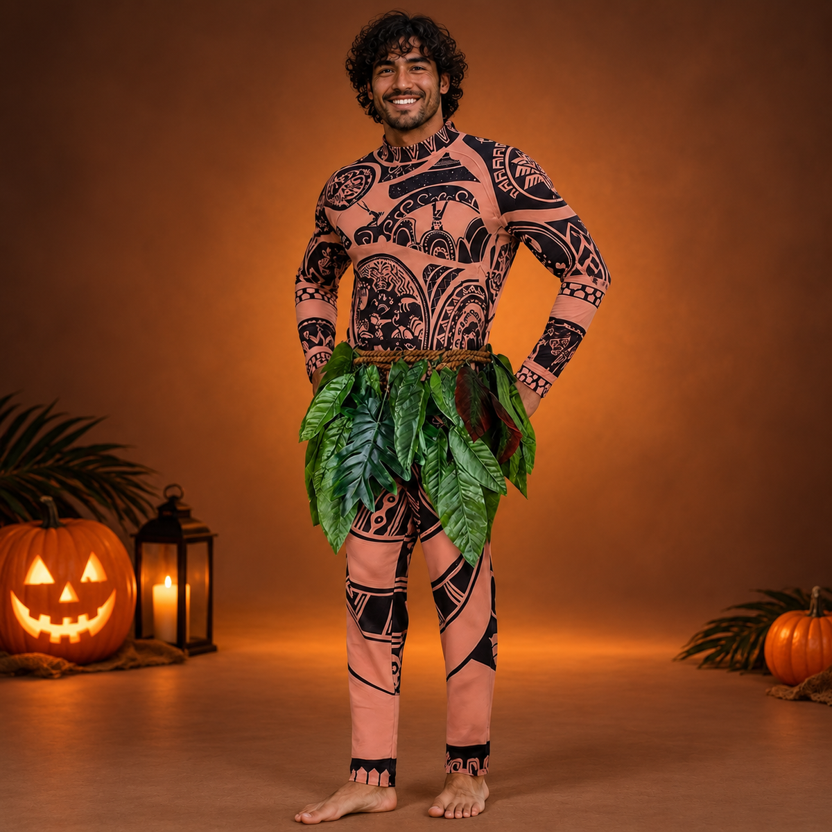 Maui Demigod Costume Tattoo Bodysuit Green Leaf Skirt Kids Adults Wig