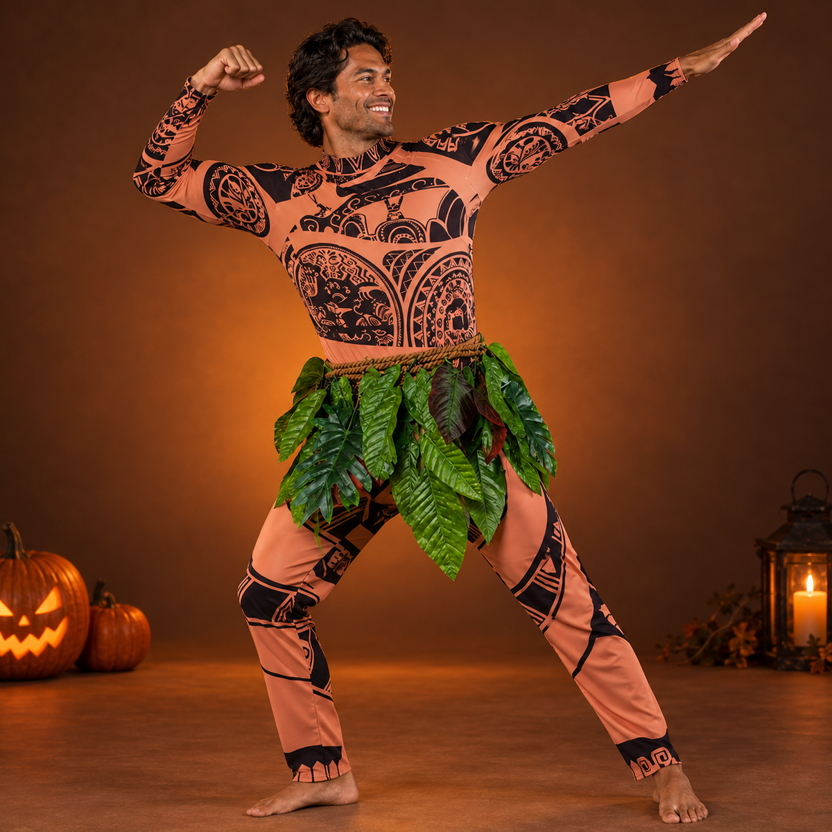 Maui Demigod Costume Tattoo Bodysuit Green Leaf Skirt Kids Adults Wig