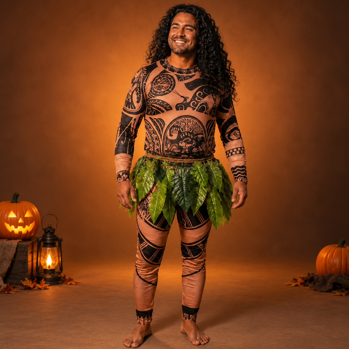 Maui Demigod Costume Tattoo Bodysuit Green Leaf Skirt Kids Adults Wig