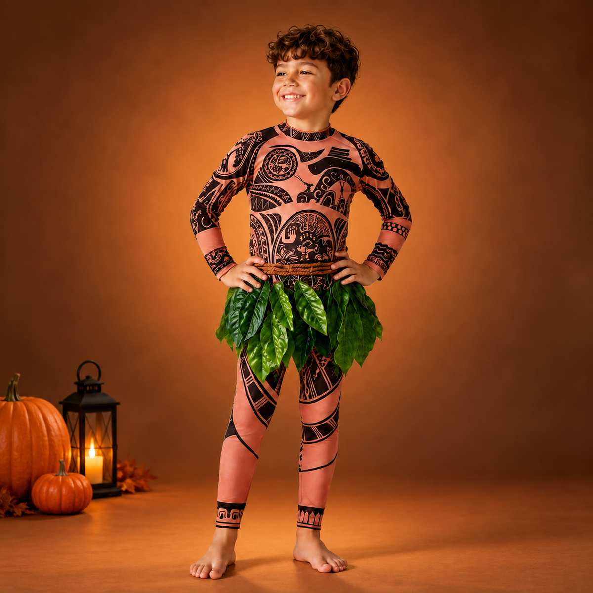 Maui Demigod Costume Tattoo Bodysuit Green Leaf Skirt Kids Adults Wig
