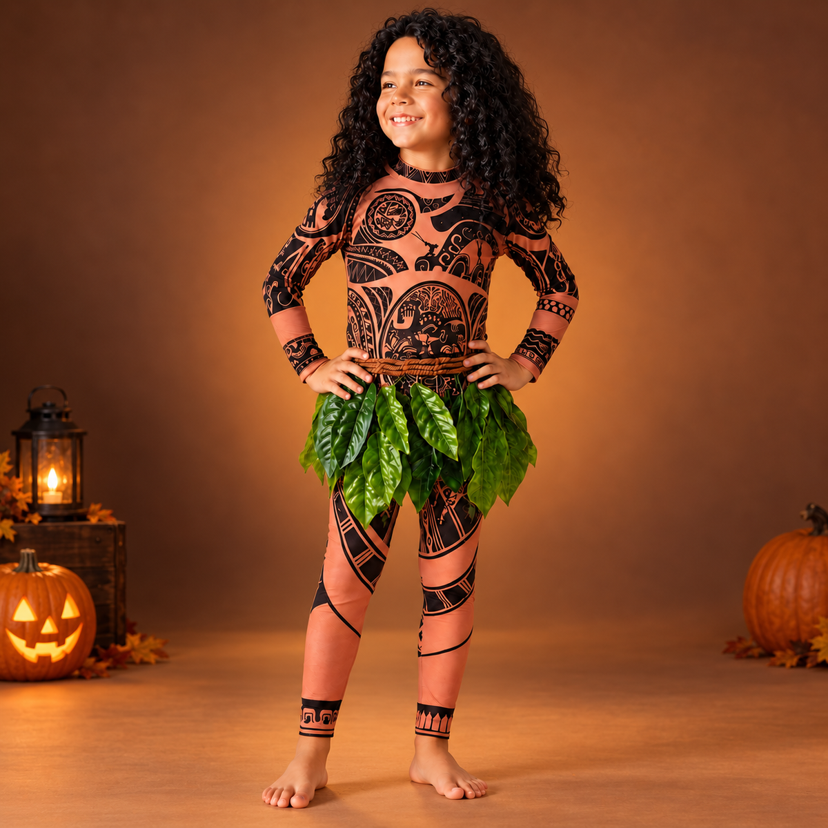 Maui Demigod Costume Tattoo Bodysuit Green Leaf Skirt Kids Adults Wig