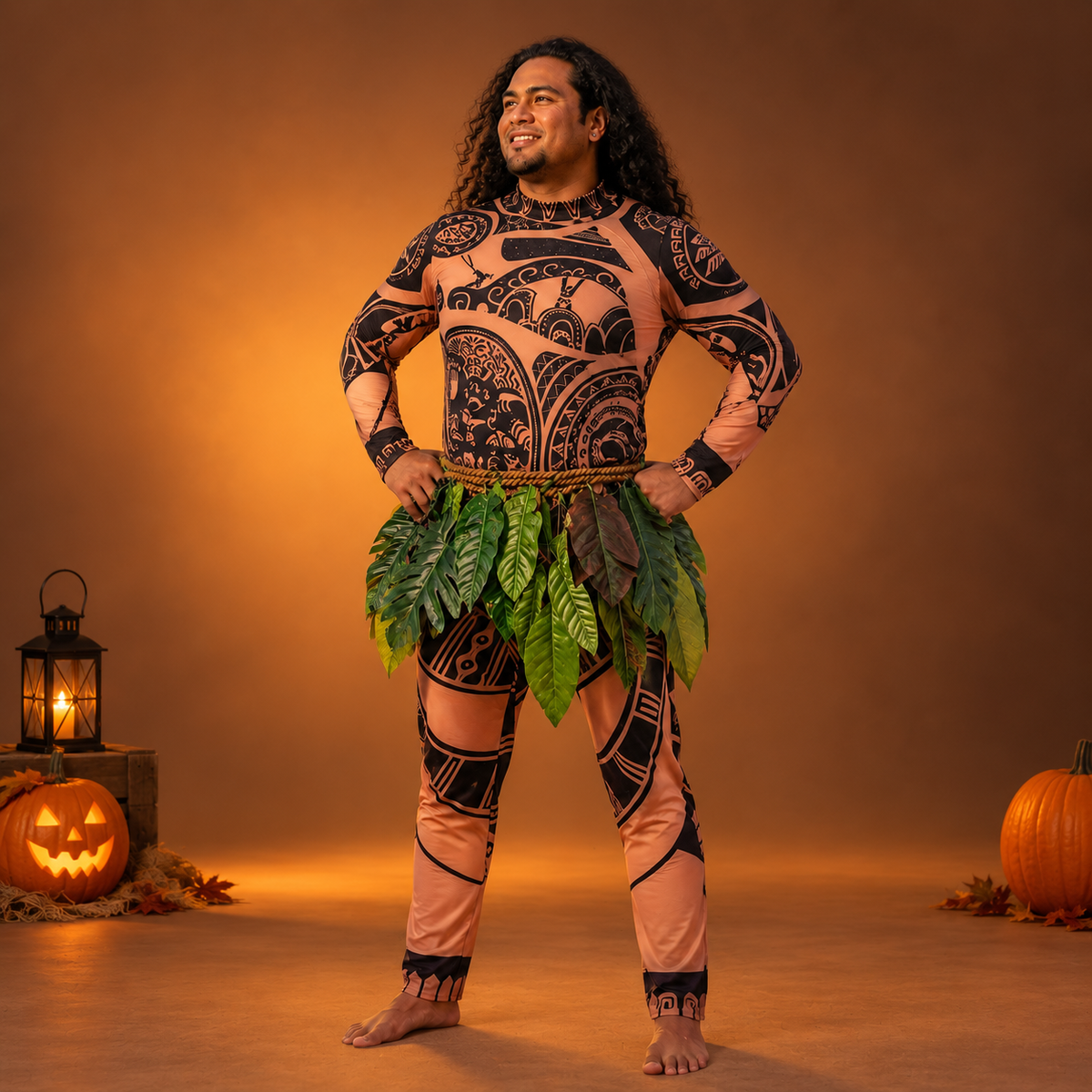 Maui Demigod Costume Tattoo Bodysuit Green Leaf Skirt Kids Adults Wig