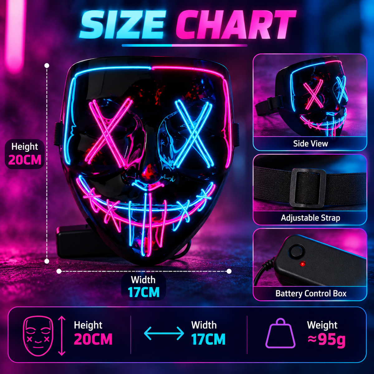 Dual Color LED Purge Mask Neon X Eyes Stitched Grin Battery Box Strap