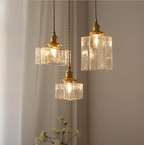 Vierkante Glazen Hanglamp met Geribbeld Glas en Gouden Fitting