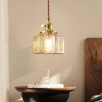 Vierkante Glazen Hanglamp met Geribbeld Glas en Gouden Fitting