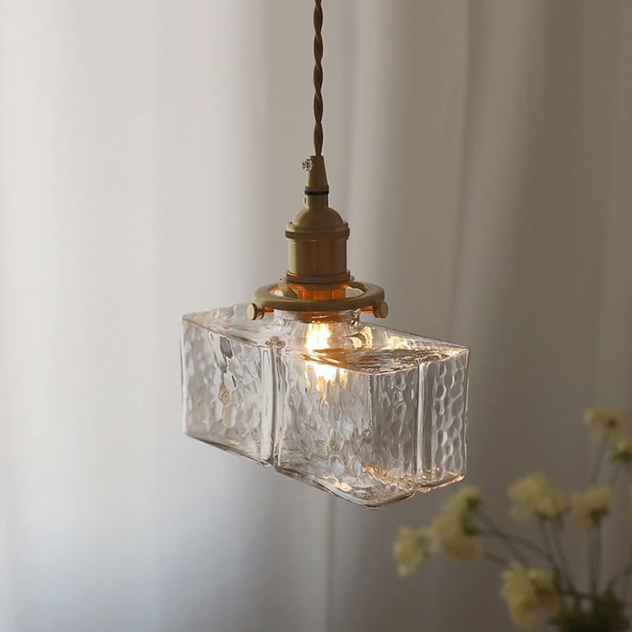 Vierkante Glazen Hanglamp met Geribbeld Glas en Gouden Fitting