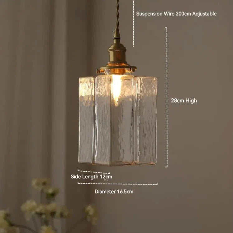 Vierkante Glazen Hanglamp met Geribbeld Glas en Gouden Fitting