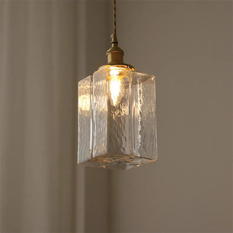 Vierkante Glazen Hanglamp met Geribbeld Glas en Gouden Fitting