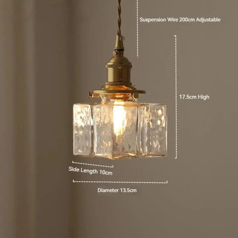Vierkante Glazen Hanglamp met Geribbeld Glas en Gouden Fitting