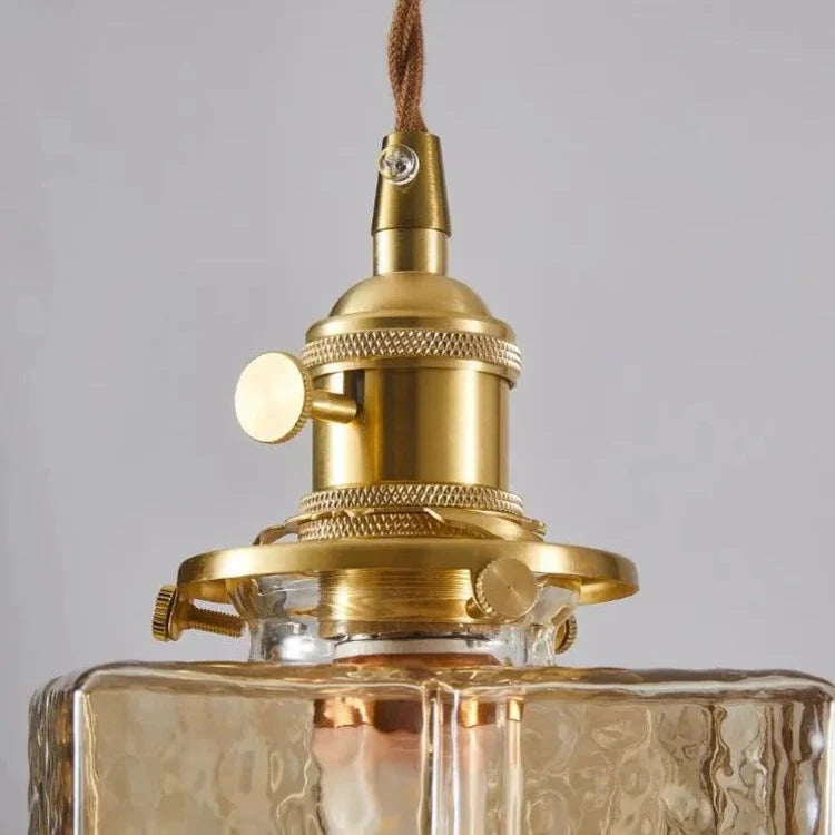 Vierkante Glazen Hanglamp met Geribbeld Glas en Gouden Fitting