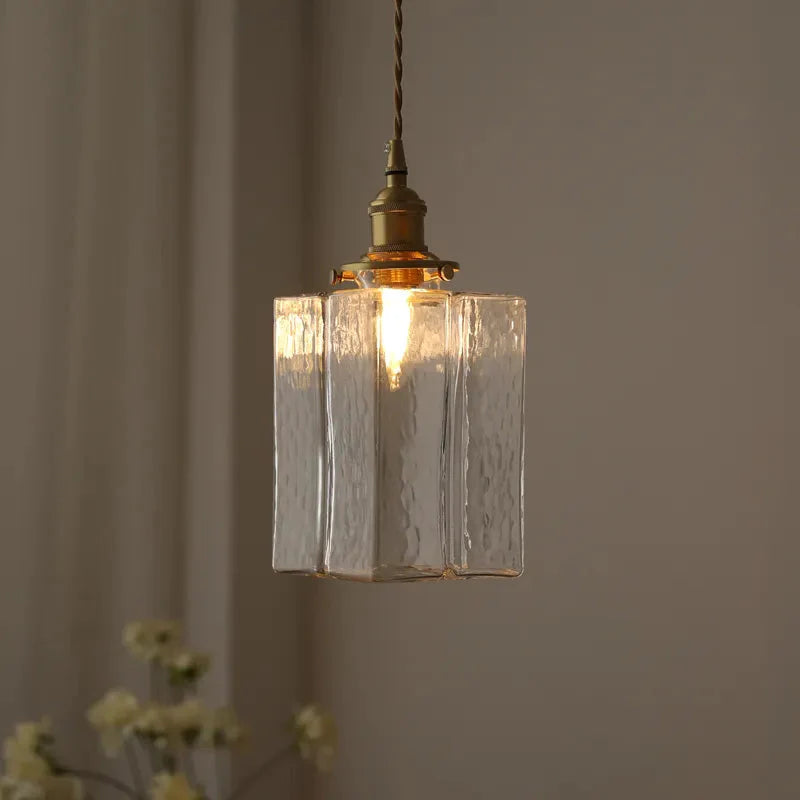 Vierkante Glazen Hanglamp met Geribbeld Glas en Gouden Fitting