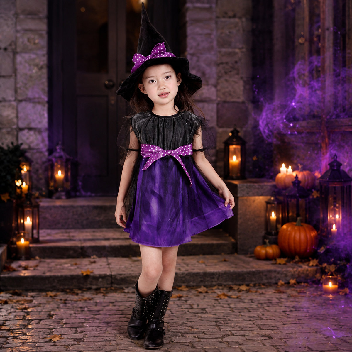 Girls Witch Costume Dress with Hat Five Styles Green Purple Pink Gold