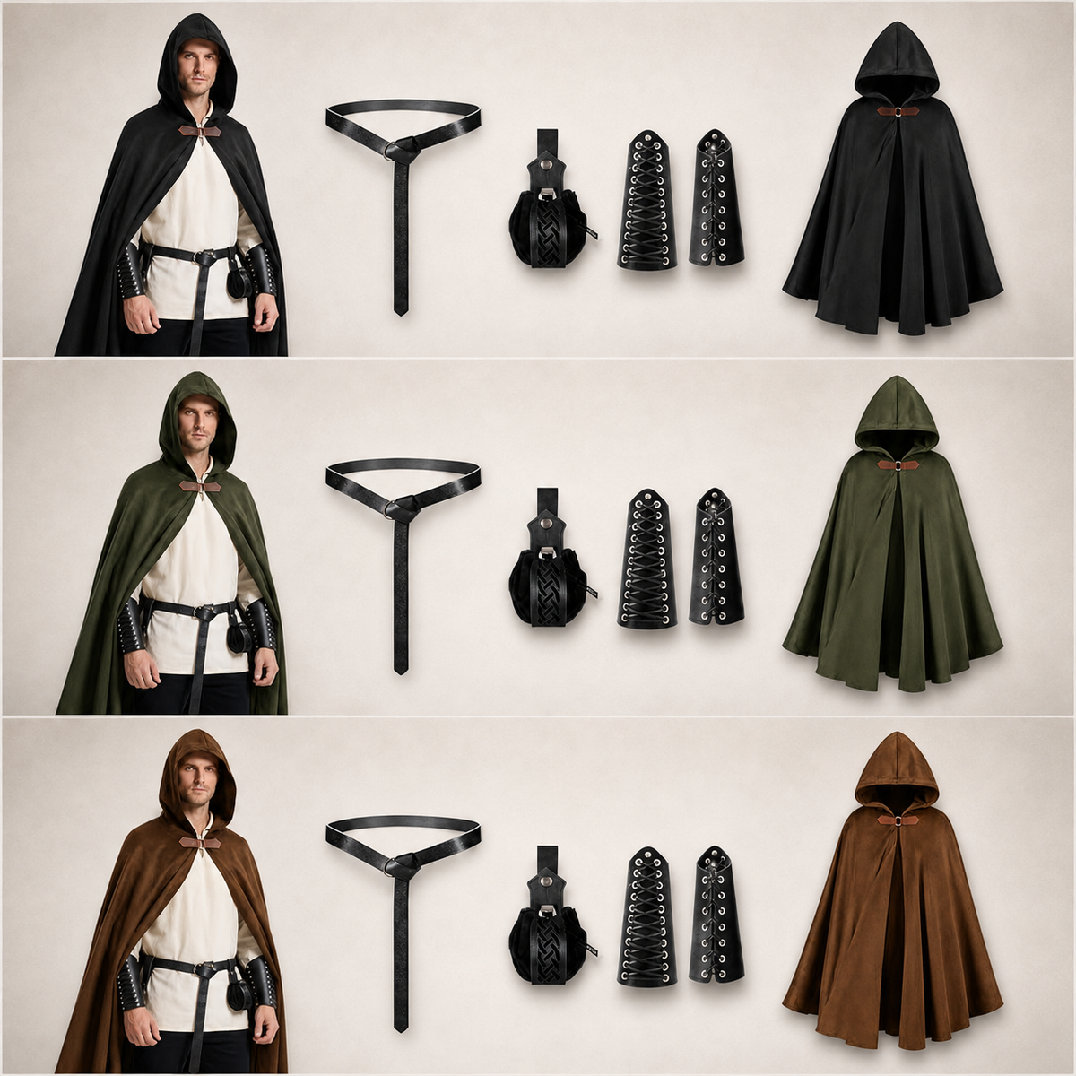 Medieval Hooded Cape Renaissance Cloak Wooden Toggle Black Green Brown
