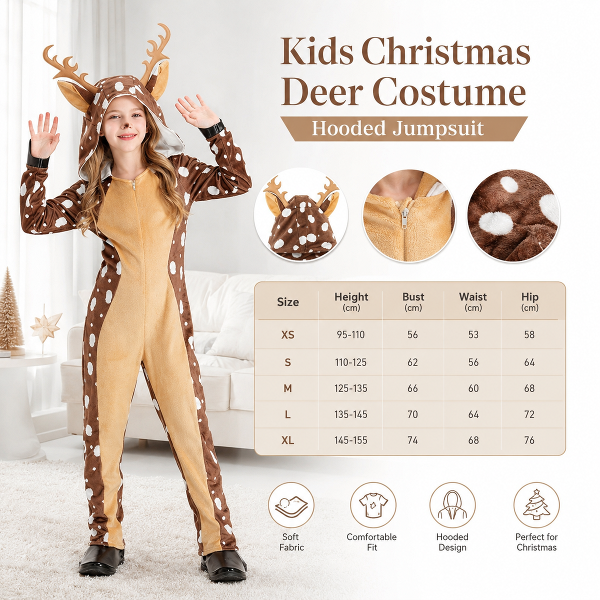 Kids Deer Costume Hooded Jumpsuit Spotted Fawn Antlers Christmas