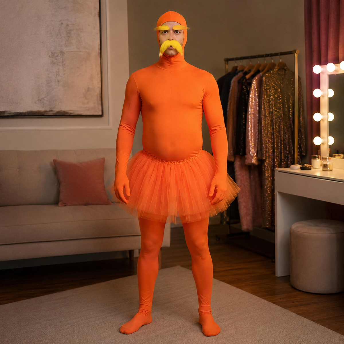 Orange Full Body Spandex Suit Costume Yellow Mustache Funny Character