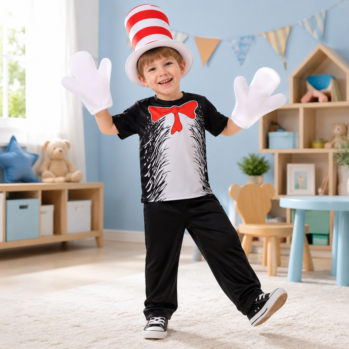 Kids Cat in the Hat Style Costume Striped Hat Bow Tie Gloves 3 Styles