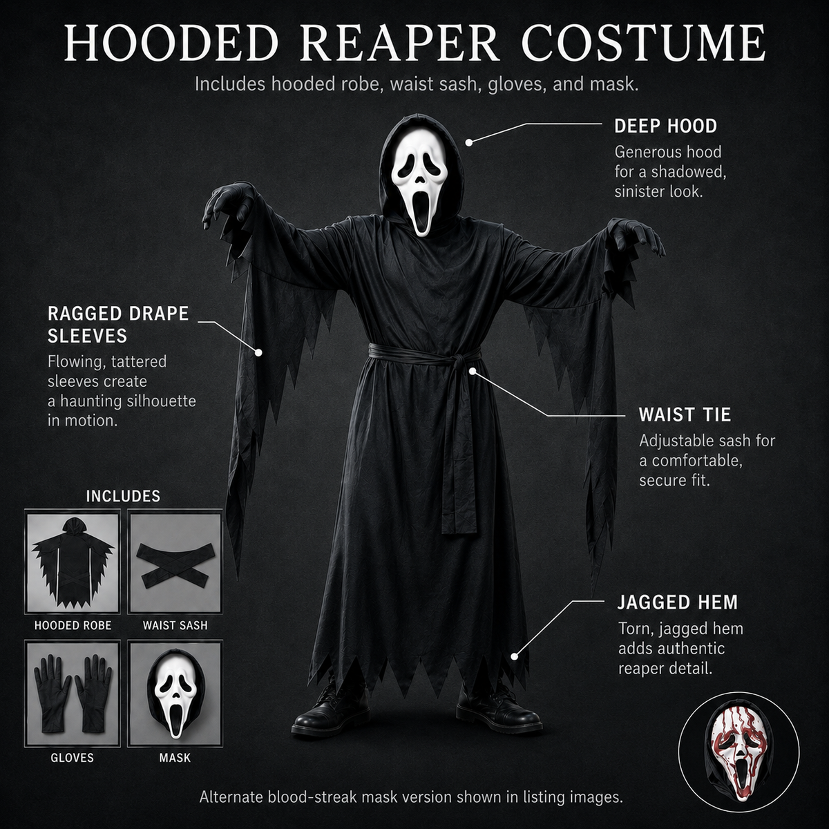 Hooded Reaper Robe Costume with Ghost Face Mask Gloves Sash Kids Adult