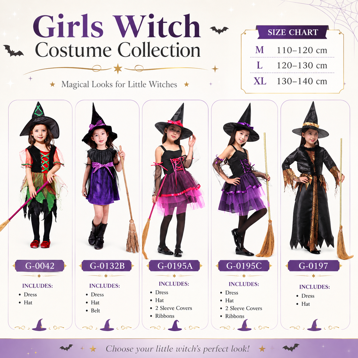 Girls Witch Costume Dress with Hat Five Styles Green Purple Pink Gold