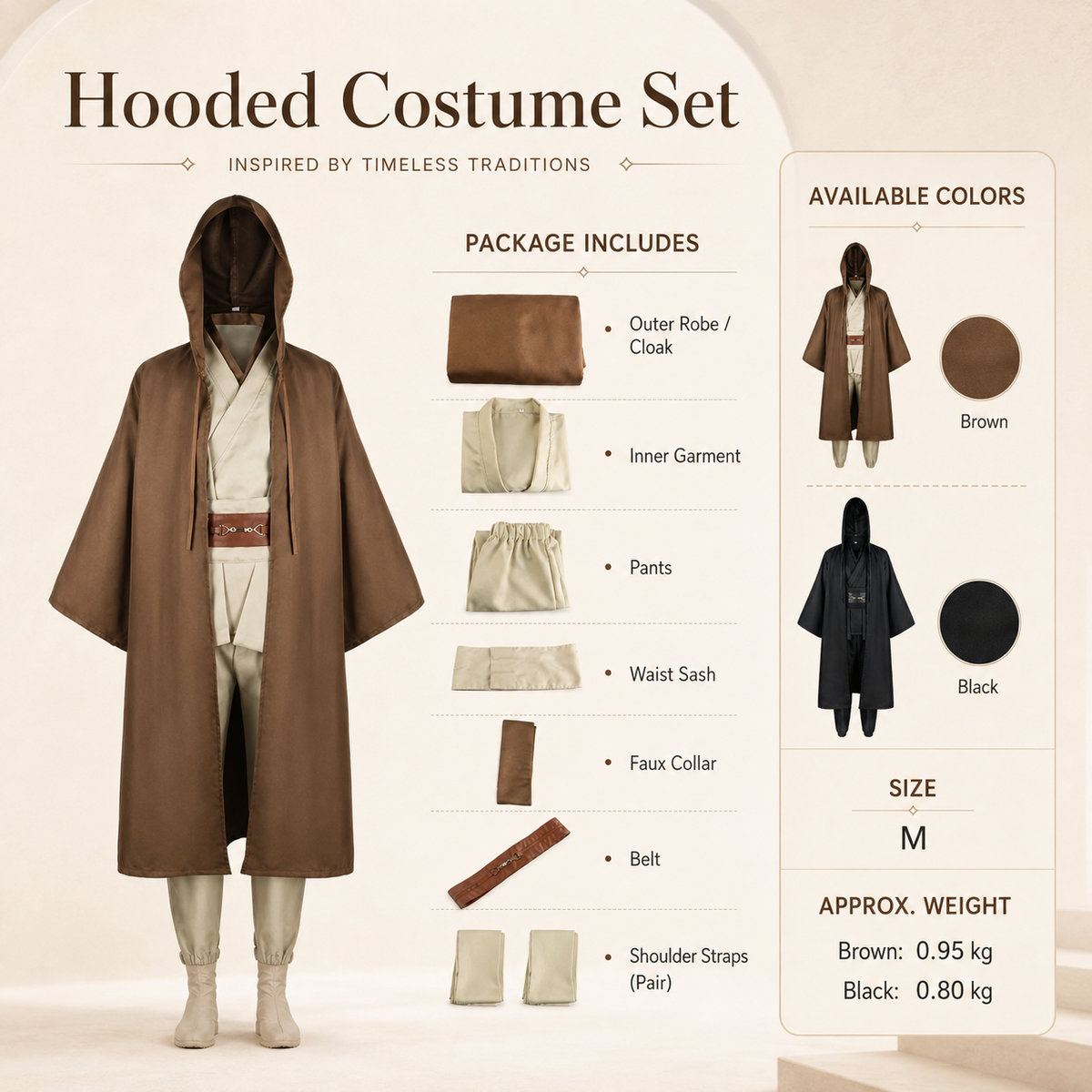 Mens Jedi Style Robe Costume Hooded Cloak Tunic Pants Belt Brown Black