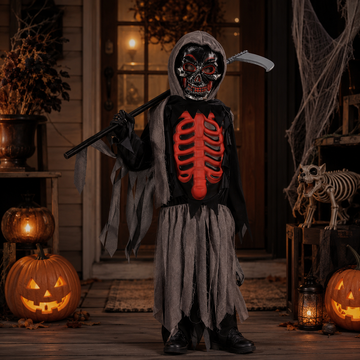 Kids Grim Reaper Costume Hooded Tattered Robe Red Ribcage Skeleton