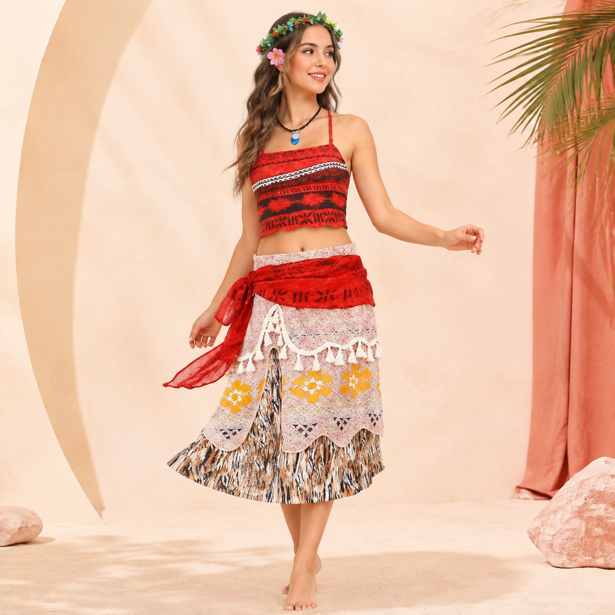 Island Princess Costume Red Crop Top Tassel Skirt Flower Crown Necklace