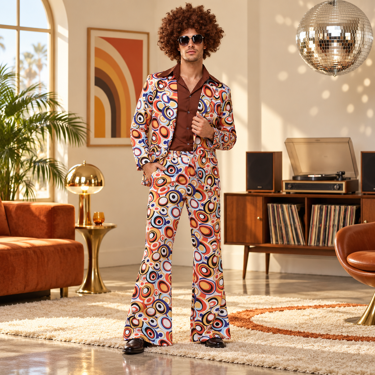 70s Disco Costume Retro Print Mens Suit or Womens Bell Sleeve Dress