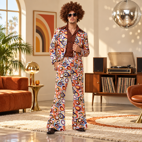 70s Disco Costume Retro Print Mens Suit or Womens Bell Sleeve Dress
