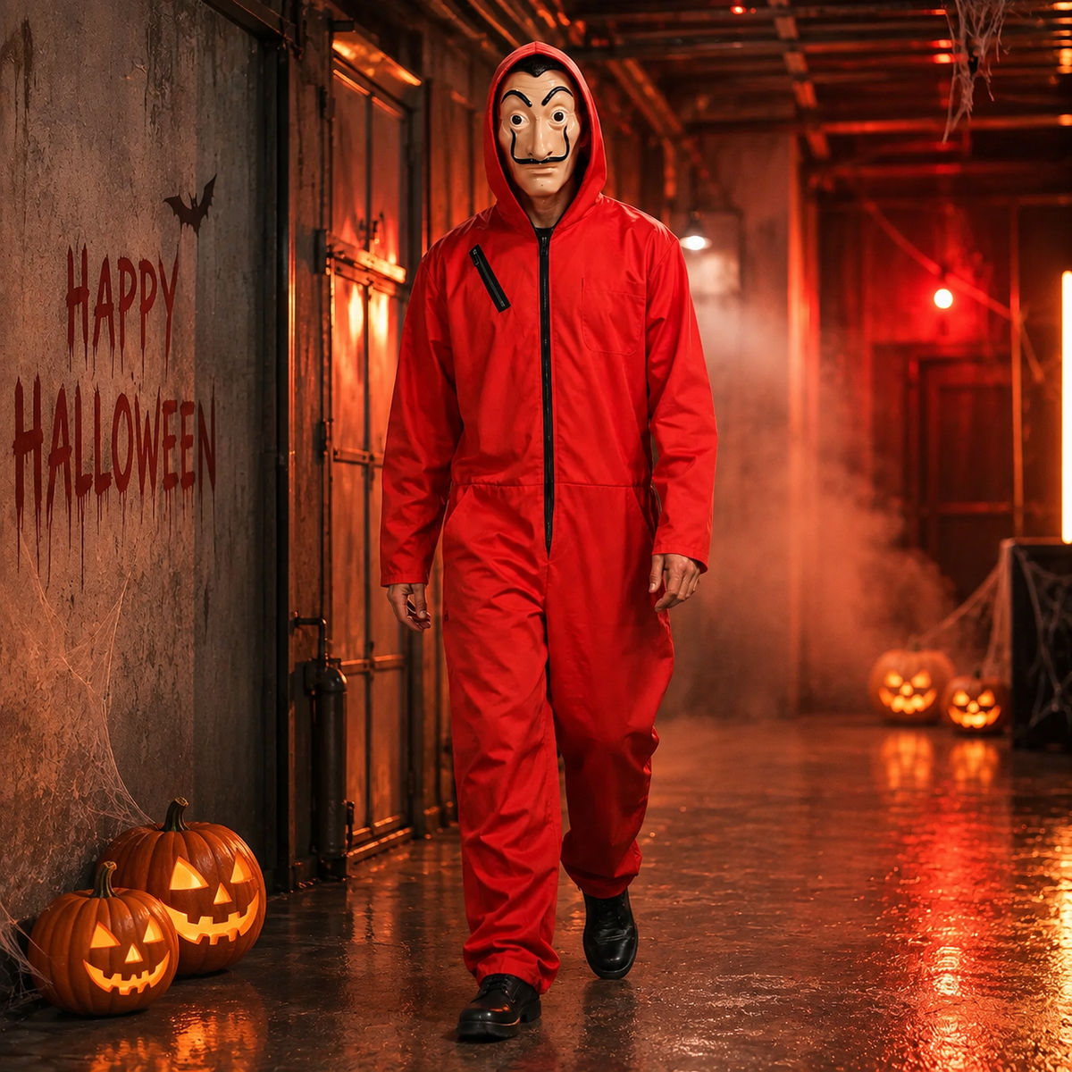 Money Heist Red Jumpsuit Costume with Dali Mask Hooded Coverall Adult