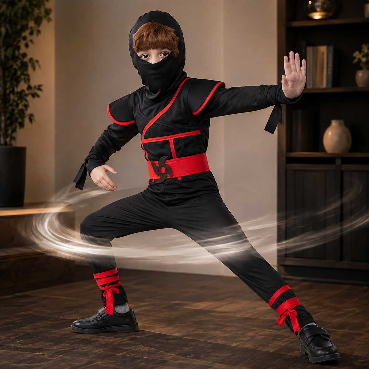 Kids Ninja Costume Muscle Jumpsuit Hood Belt Throwing Stars 3 Styles