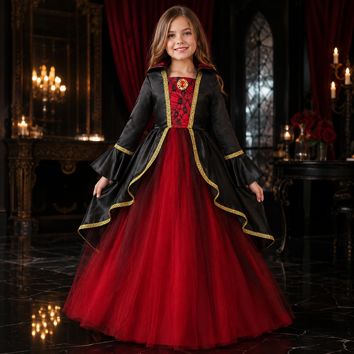Girls Victorian Vampire Dress Costume Red Black Gown Hat Choker