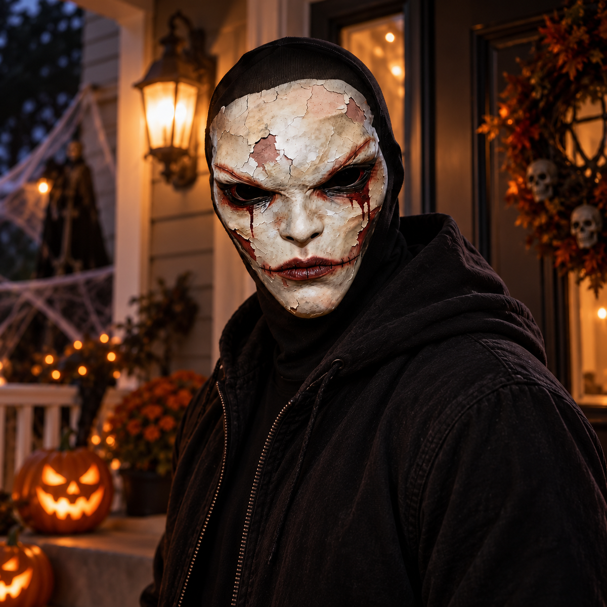 Cracked Porcelain Horror Face Hooded Balaclava Halloween Mask