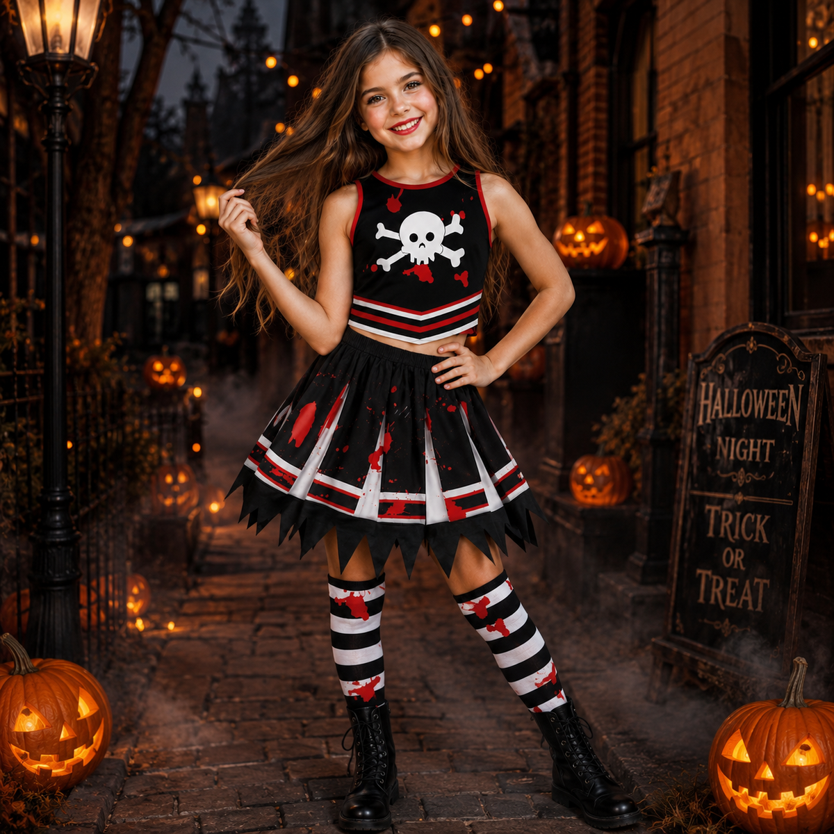 Kids Zombie Cheerleader Costume Bloody Skull Uniform Dress 11 Styles