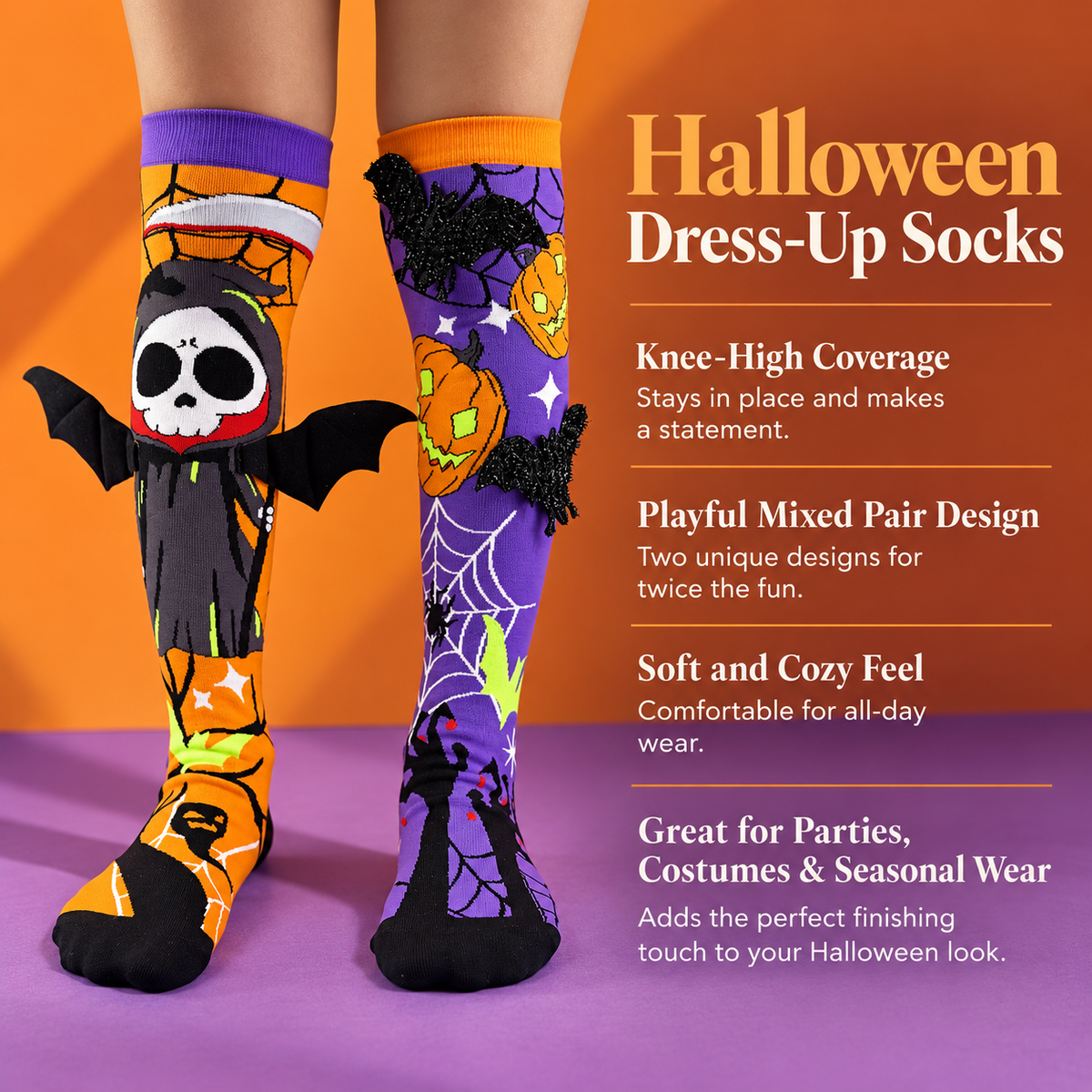 Halloween Knee High Socks Mismatched Skull Reaper Bat and Pumpkin