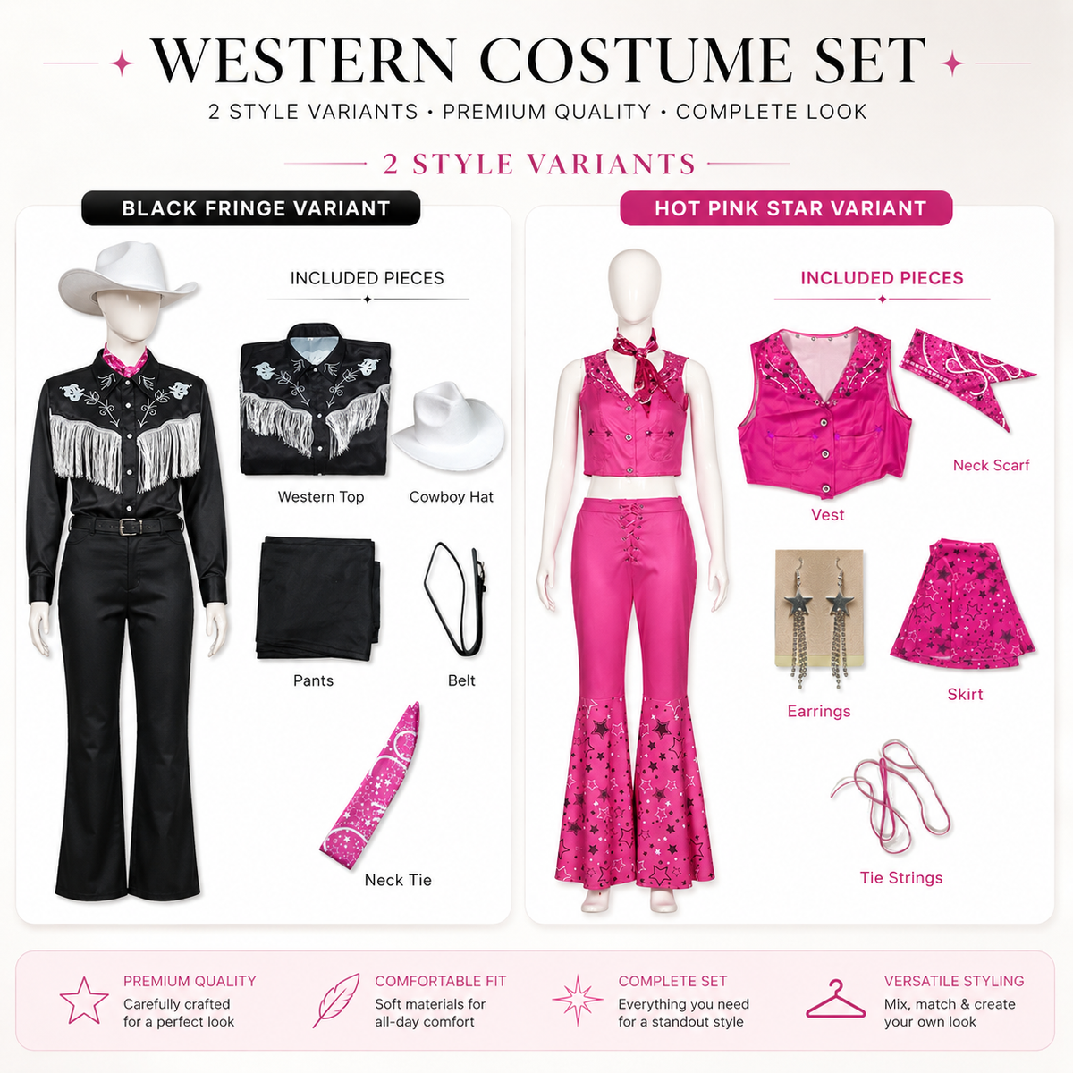 Pink Cowgirl Costume Star Flare Pants Set or Black Fringe Western Set